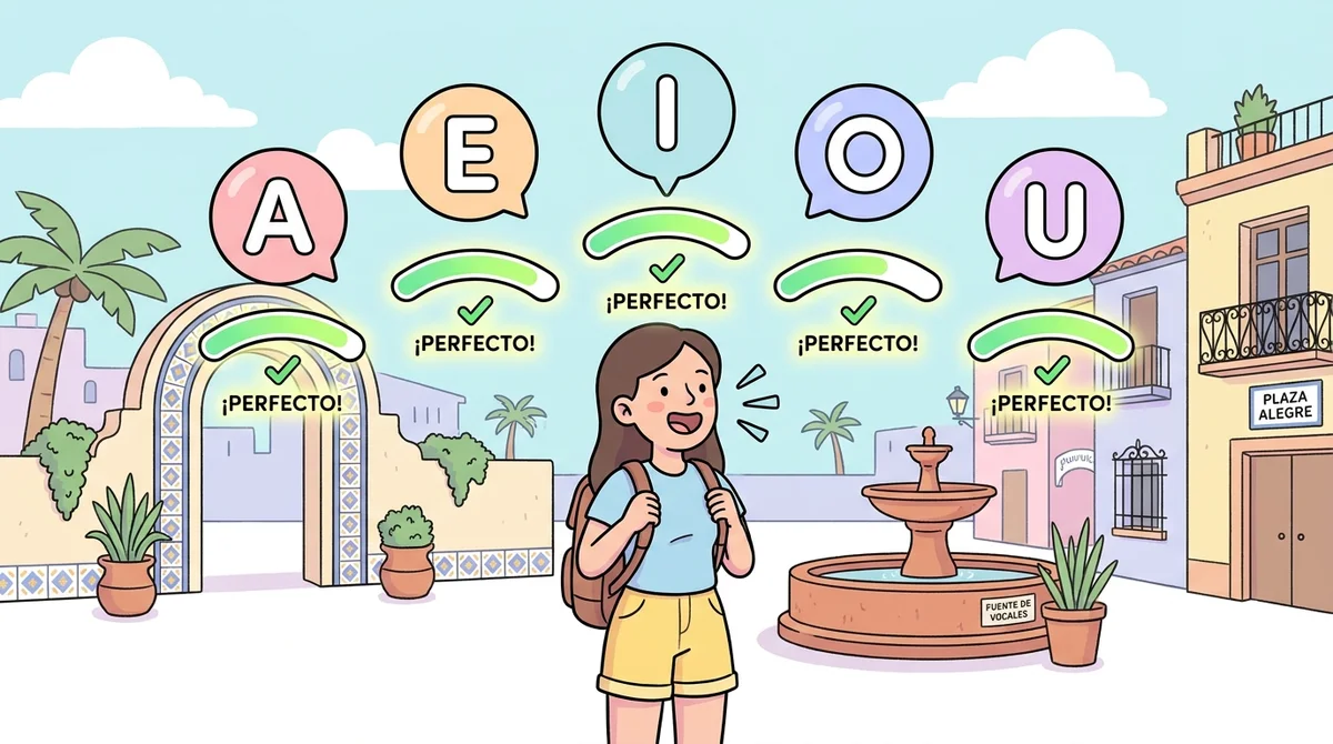 Learner practicing the five Spanish vowels aloud with a pronunciation score meter filling up green on each correct sound
