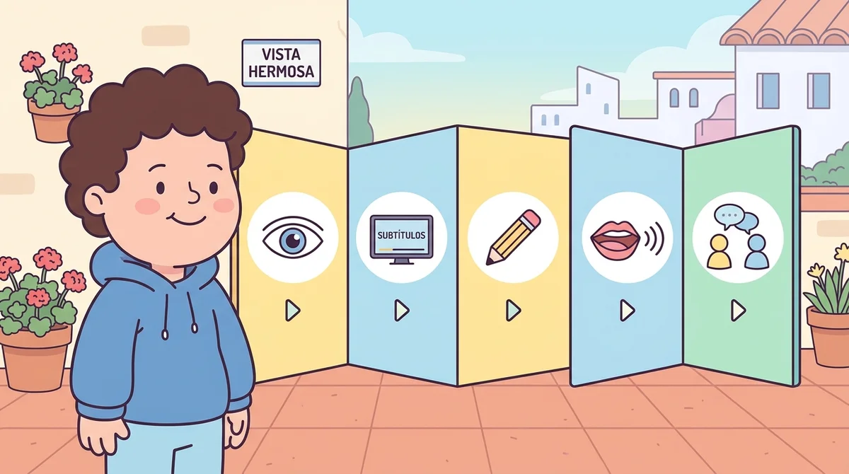 Split screen showing the 5 steps as icons — eye, subtitles, pencil, speaking mouth, and a person talking, filling in one by one