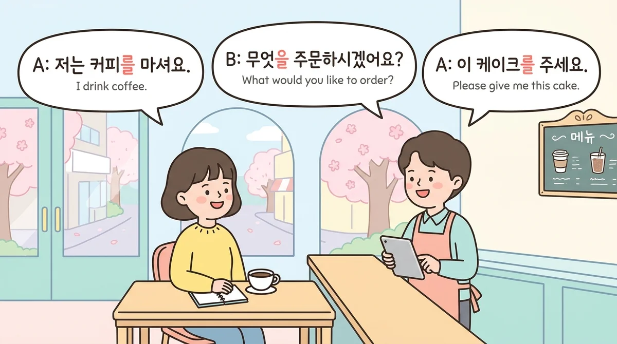 A café role-play showing speech bubbles for the A/B dialogue above, with the object particle 를 highlighted in each Korean line