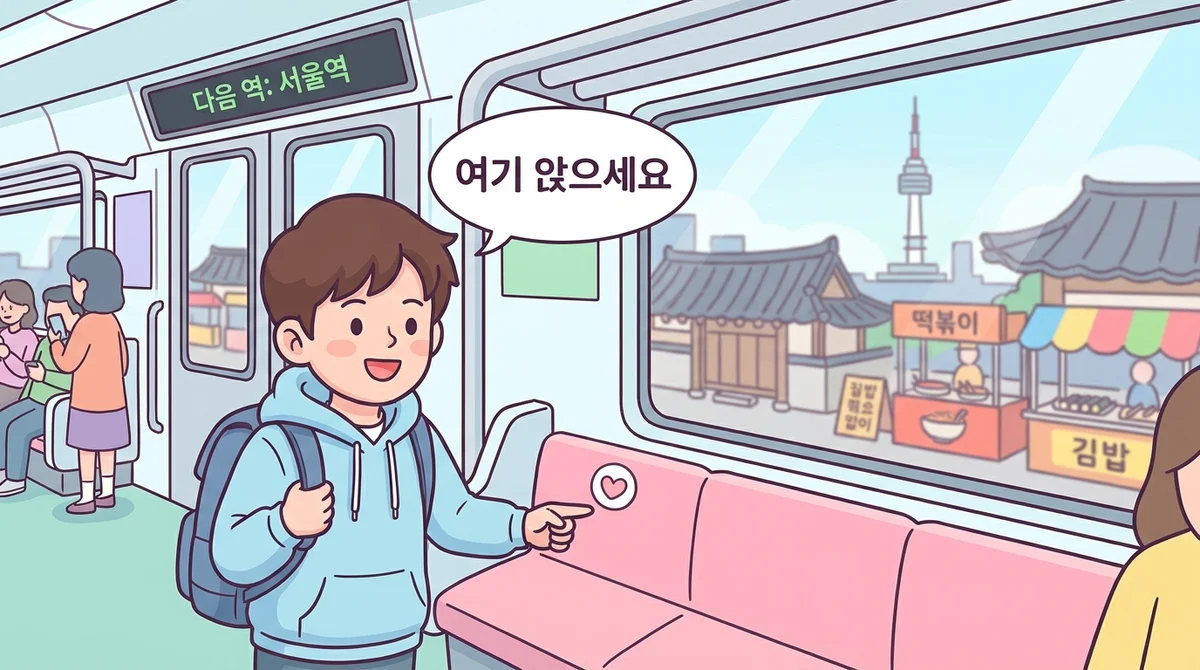 Two-line subway exchange on screen โ one person saying