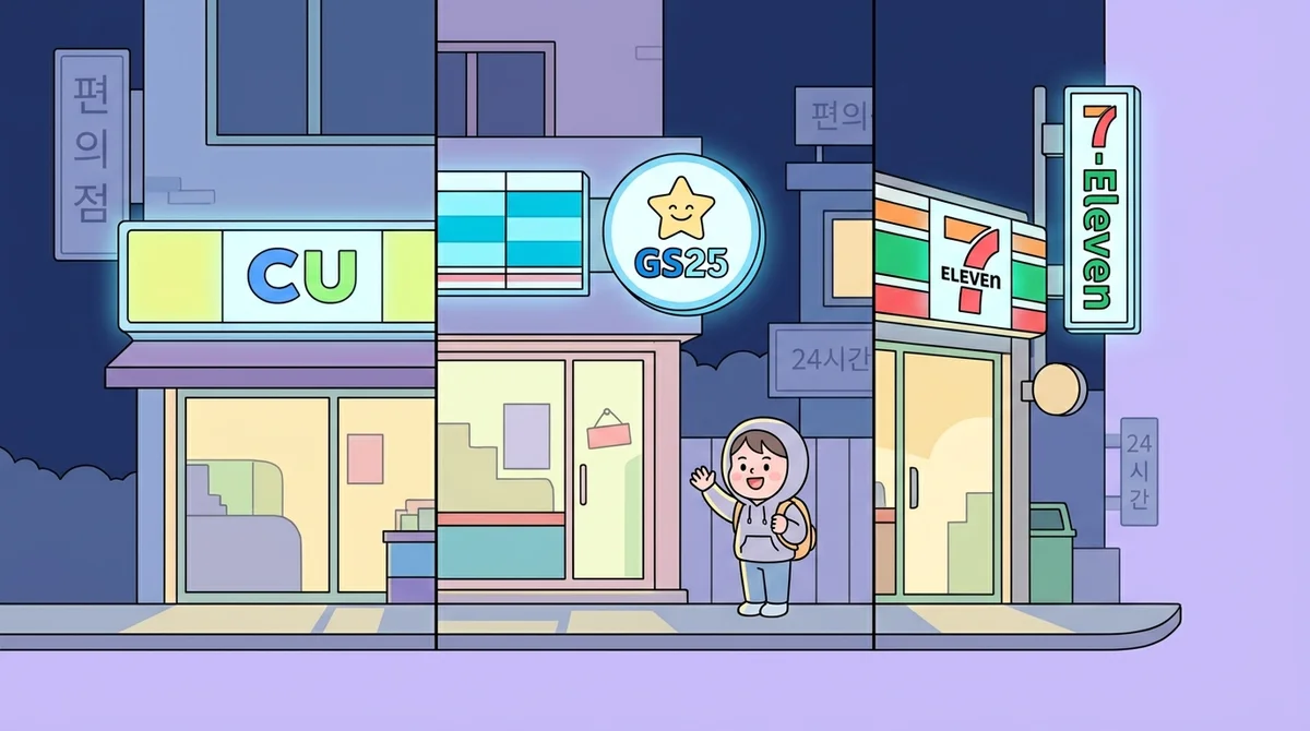A split-screen street view at night showing glowing CU, GS25, and 7-Eleven signs side by side on one Korean block