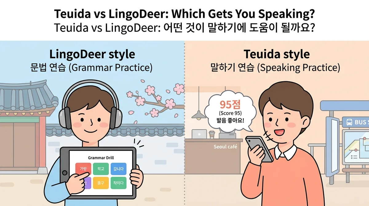 Split-screen comparison β left side shows a grammar drill with tap-to-answer tiles labeled