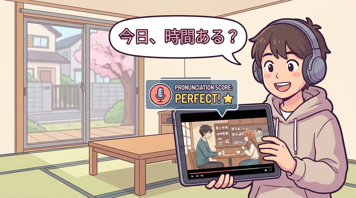 A learner pausing an anime mid-scene and repeating the line