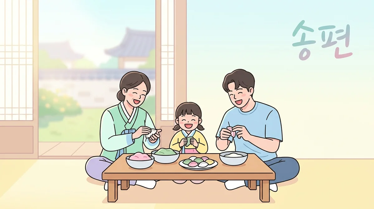 A family gathered around a low table shaping half-moon songpyeon rice cakes together, with the Korean word 송편 labeled on screen