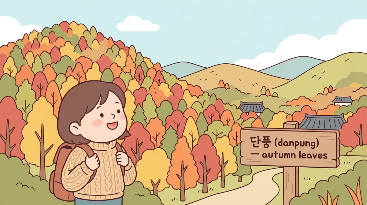 A mountain hillside covered in red, orange, and yellow autumn leaves with the on-image caption