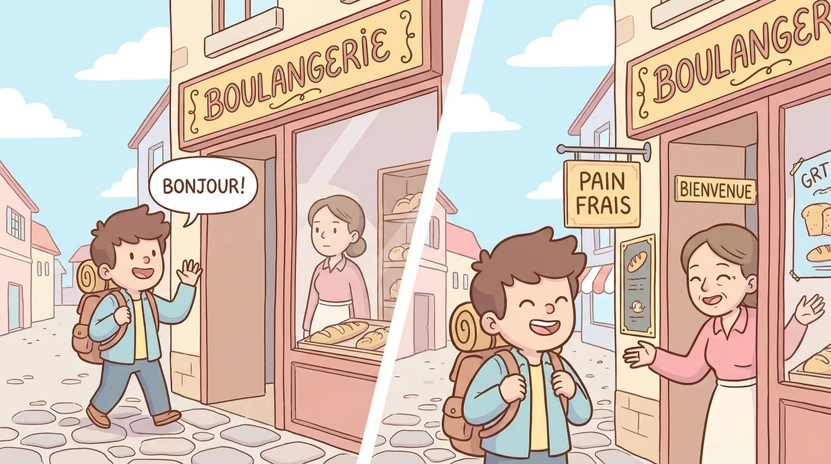 Side-by-side of a traveler saying