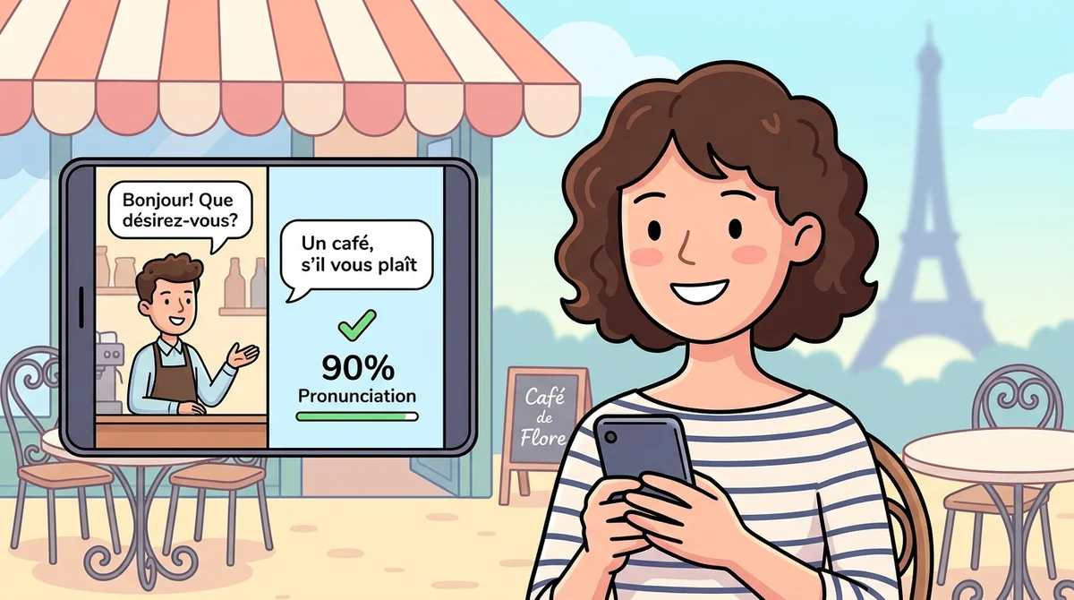 A split-screen phone showing the café dialogue as a role-play, with a pronunciation score appearing after the user speaks