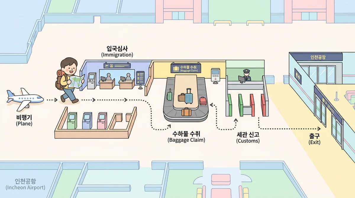 Animated top-down map of Incheon arrivals showing the path from plane β immigration β baggage claim β customs β exit, each labeled in Korean and English