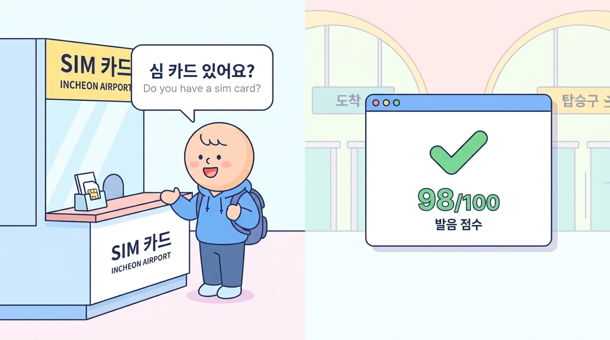Split-screen role-play of a traveler at the Incheon SIM counter saying