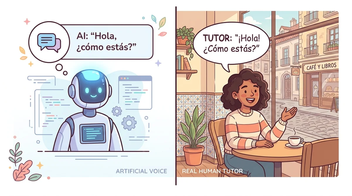 Split screen โ left, a flat AI avatar reading a line; right, a real Teuida tutor saying the same line in a real cafรฉ with natural expression