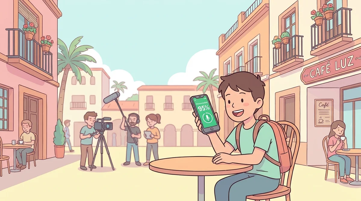 Learner speaking into the Teuida app during a filmed cafรฉ scene, with a pronunciation score appearing on screen