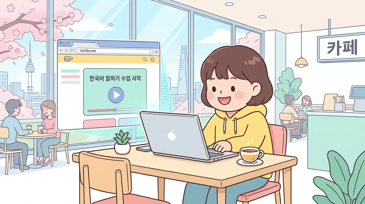 A laptop browser opening teuida.net and loading straight into a Korean speaking lesson, no download prompt