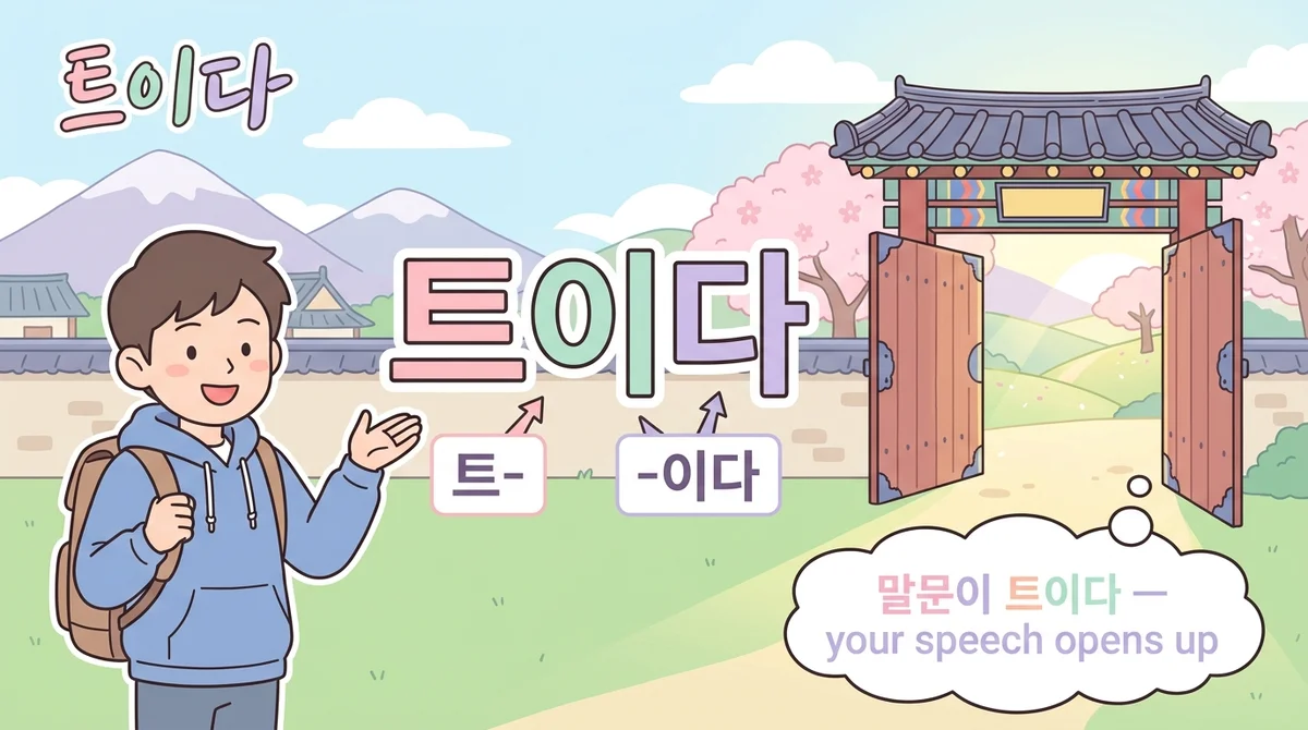 The word 트이다 breaking apart into 트- + -이다, then a closed gate swinging open with the caption 