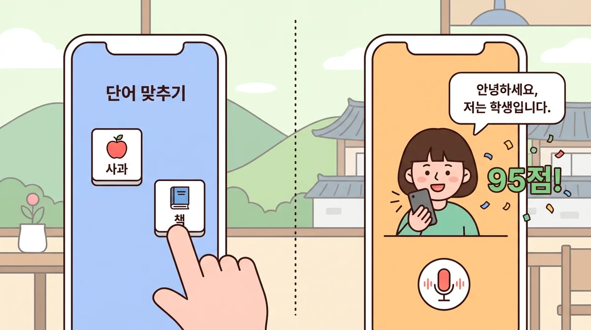 Side-by-side split screen β left side shows a tap-the-matching-tiles exercise, right side shows a learner speaking a full sentence into Teuida and getting a pronunciation score