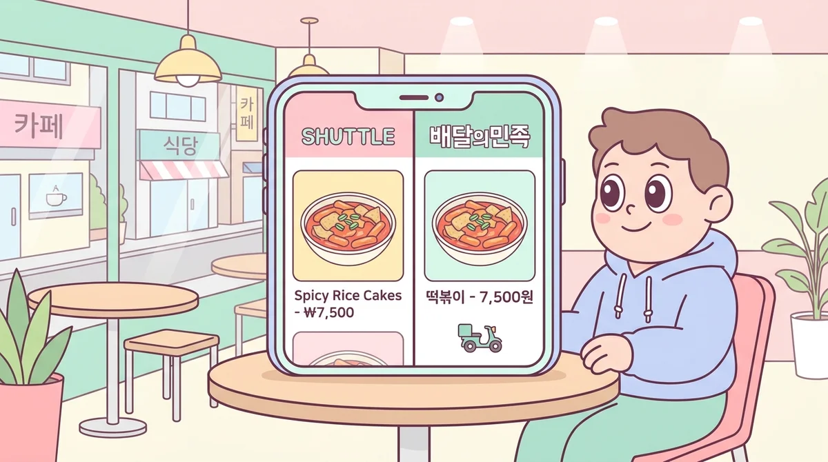 Split-screen phone mockup comparing Shuttle's English menu on the left and Baemin's Korean menu on the right, same bowl of tteokbokki in both