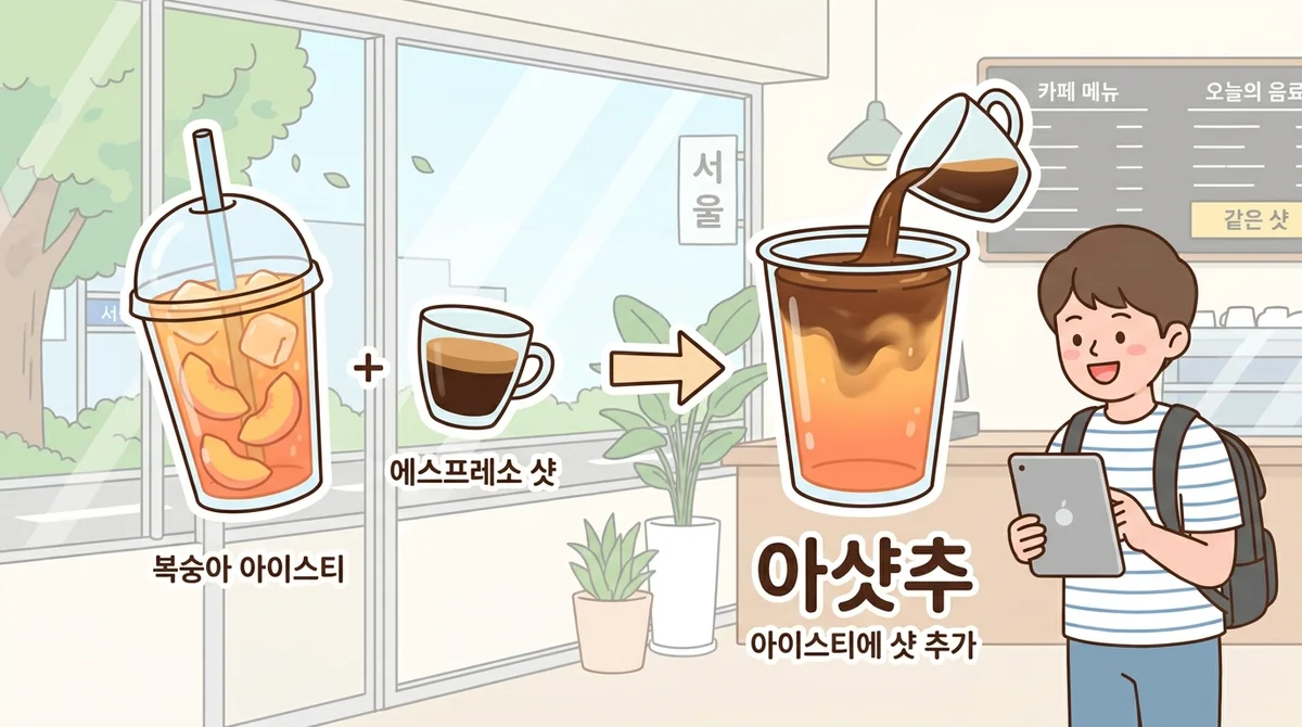 Side-by-side illustration of a peach iced tea cup and an espresso shot merging into one cup labeled