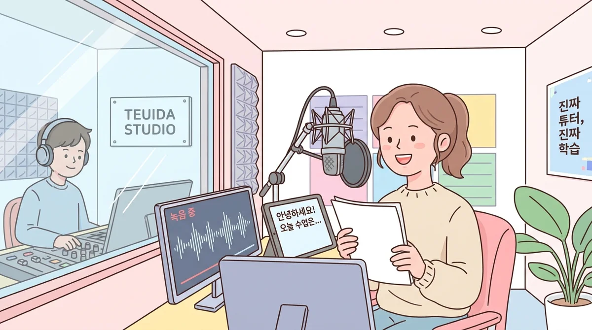 Split screen — left side a warm real human tutor saying a Korean phrase, right side an uncanny AI-generated face saying the same phrase with slightly mismatched lip-sync, learner on a couch frowning at the right side