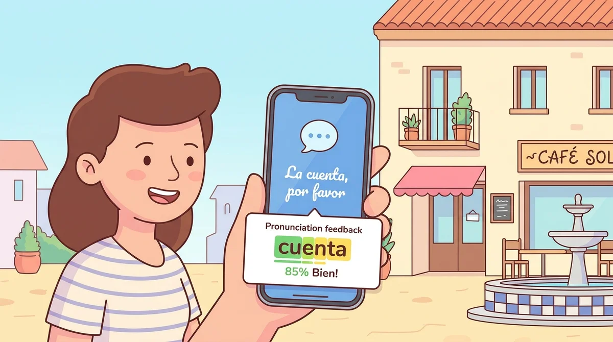 Teuida app screen showing a café role-play, learner speaks "La cuenta, por favor" into the mic, and a pronunciation score with highlighted "cuenta" pops up with green and yellow feedback