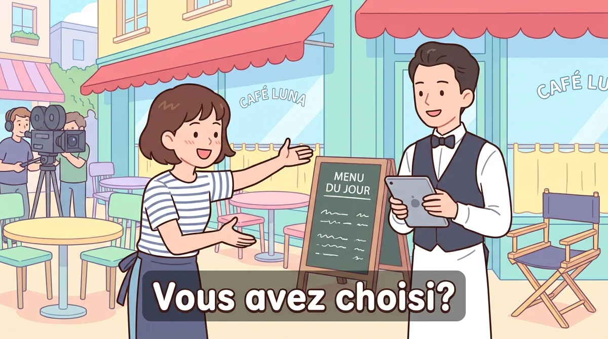 Two actors on the French café set mid-scene, one gesturing toward a menu, with the subtitle "Vous avez choisi?" shown on screen
