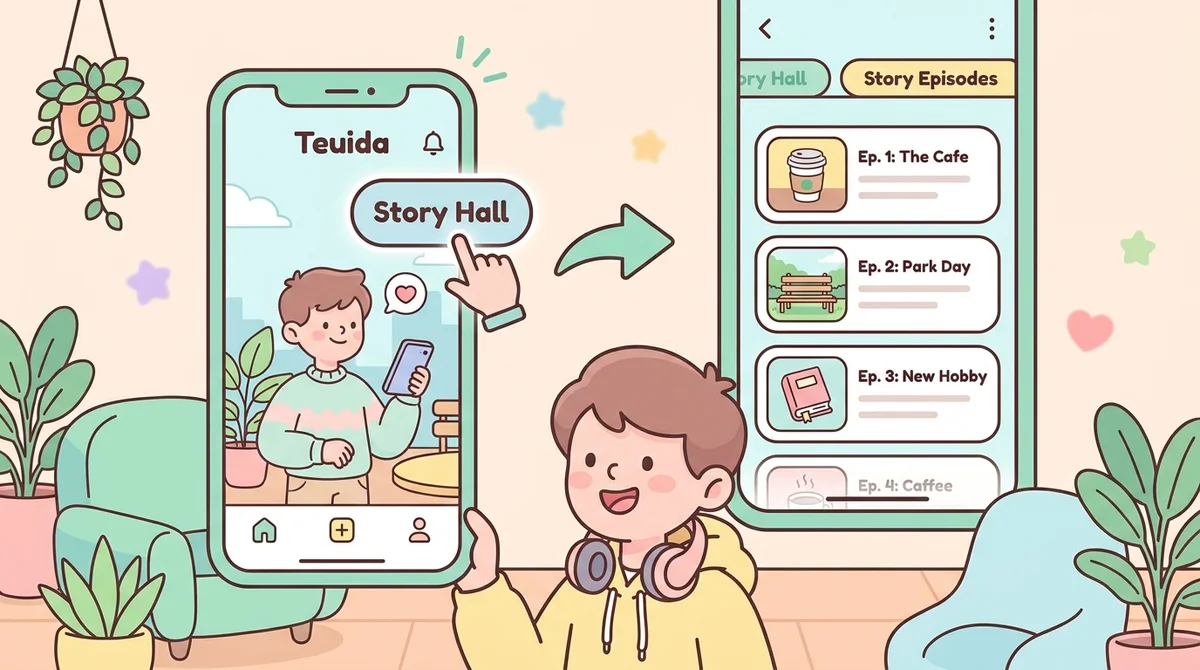 The Teuida home screen with the Story Hall tab highlighted, then tapping into a list of story episode tiles