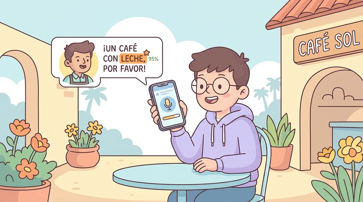 A learner speaking a café order line into the app, with the character replying and a pronunciation score appearing on the flagged word