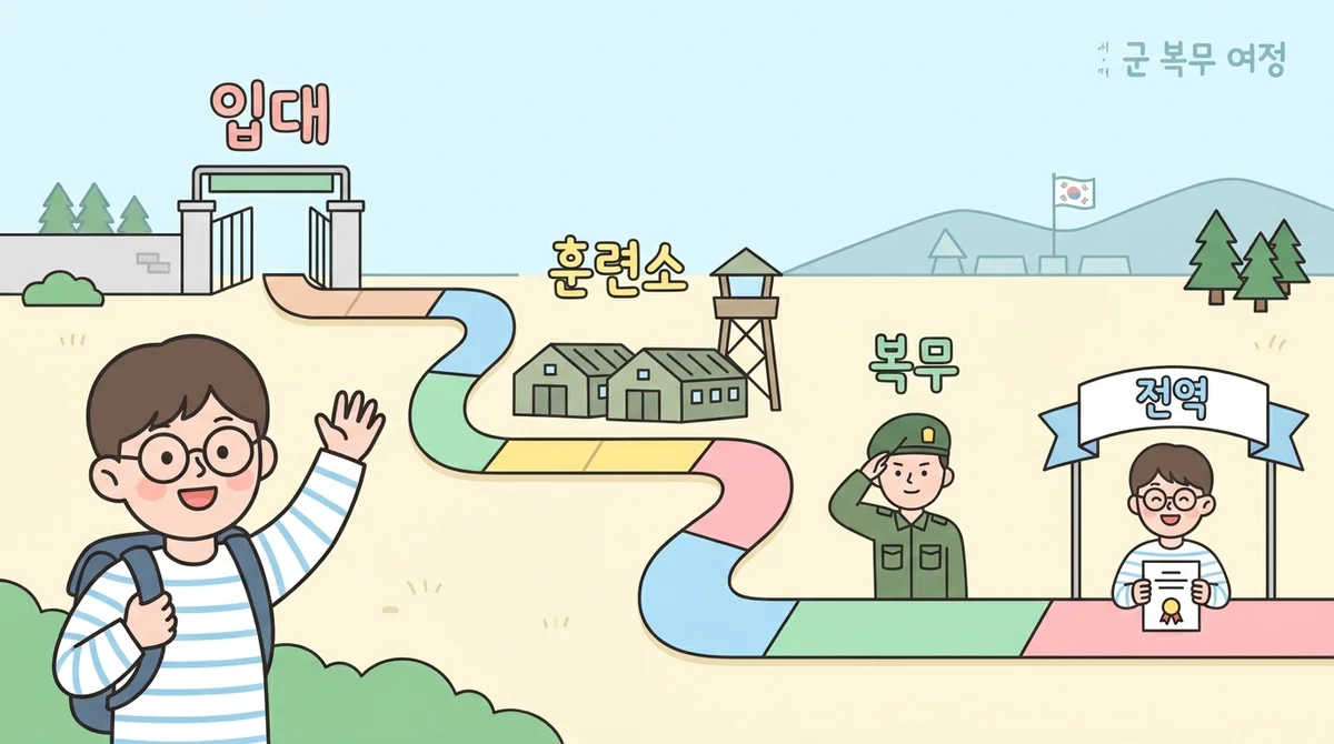 A simple timeline graphic showing the service journey — 입대 (enlist) → 훈련소 (boot camp) → 복무 (service) → 전역 (discharge) — with each Korean word labeled