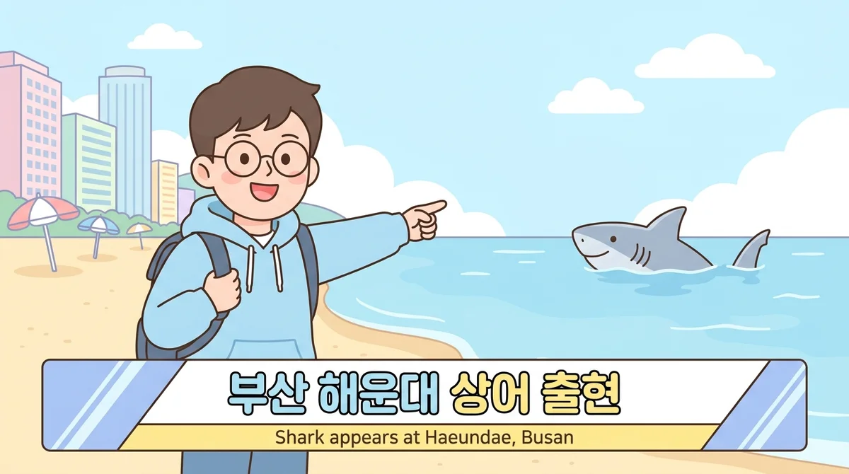 A Korean news-style lower-third banner reading "부산 해운대 상어 출현" with an English subtitle "Shark appears at Haeundae, Busan"