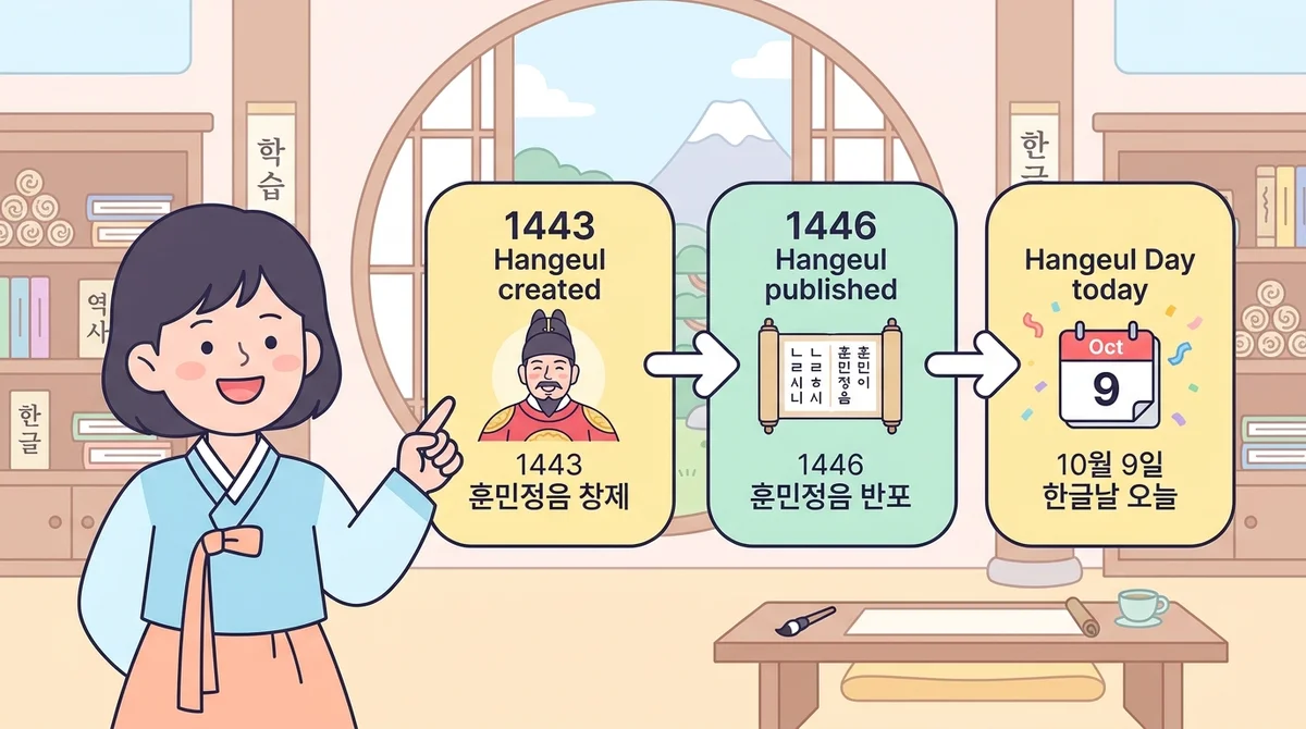 A simple animated timeline — "1443 Hangeul created → 1446 Hangeul published → Oct 9 Hangeul Day today," with King Sejong's portrait