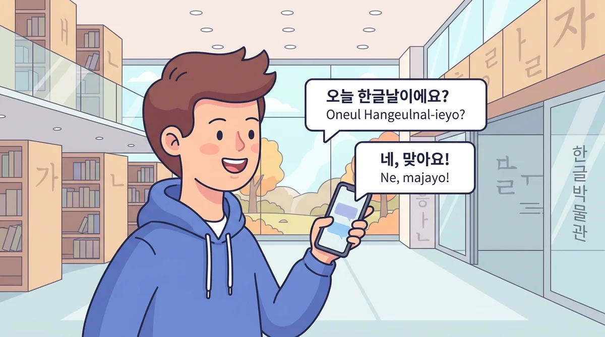 Two-line chat bubble exchange showing "오늘 한글날이에요?" and the reply "네, 맞아요!" with romanization underneath